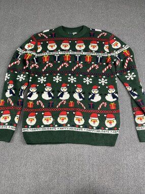 H&M Divided Mens Green Holiday Santa Snowman Candy Cane Knit Sweater S